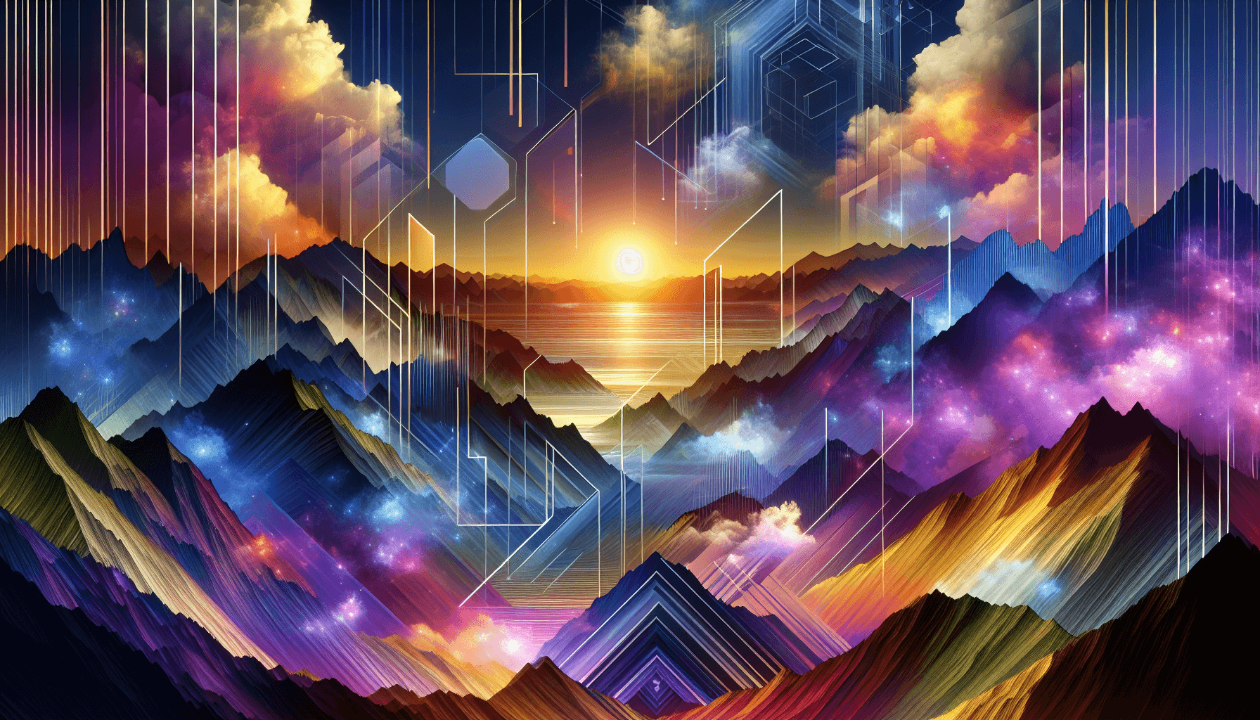 Sunrise breaking over mountains with geometric elements